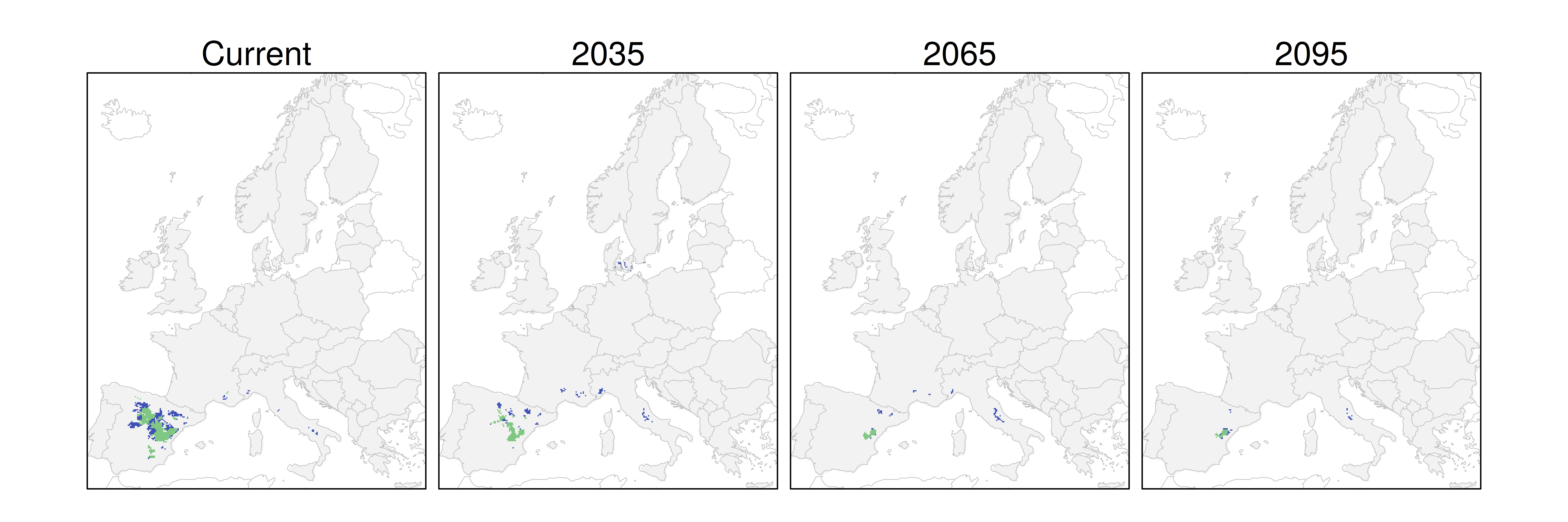 Distribución de la sabina albar RCP 4.5 (verde distribución esperada simulada utilizando un modelo de dispersión; azul representa el rango adecuado potencial que no está ocupado por las especies debido a limitaciones de dispersión)