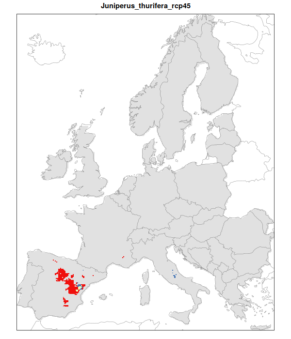 RCP 4.5 En verde las áreas de "presencia estable" que seguirán siendo un hábitat adecuado desde el presente hasta finales de siglo; en rojo las áreas "descolonizadas" que se volverán climáticamente inadecuadas para finales de siglo; en azul las áreas 'Adecuadas pero no ocupadas' que se volverán climáticamente adecuadas a finales del siglo pero que no serán colonizadas naturalmente debido a limitaciones de dispersión; en gris 'Siempre ausentes' donde la especie permanecerá ausente
