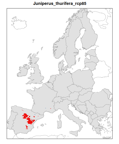 RCP 4.5 En verde las áreas de "presencia estable" que seguirán siendo un hábitat adecuado desde el presente hasta finales de siglo; en rojo las áreas "descolonizadas" que se volverán climáticamente inadecuadas para finales de siglo; en azul las áreas 'Adecuadas pero no ocupadas' que se volverán climáticamente adecuadas a finales del siglo pero que no serán colonizadas naturalmente debido a limitaciones de dispersión; en gris 'Siempre ausentes' donde la especie permanecerá ausente