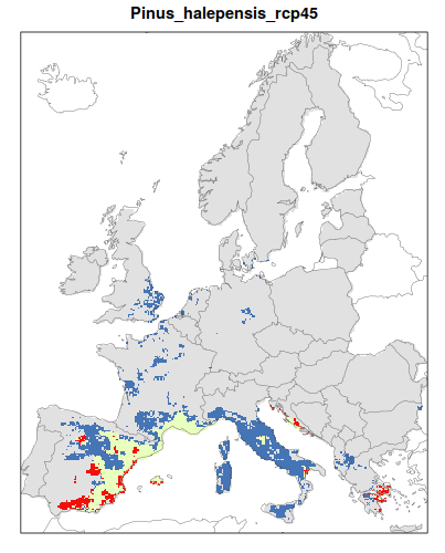 RCP 4.5 En verde las áreas de "presencia estable" que seguirán siendo un hábitat adecuado desde el presente hasta finales de siglo; en rojo las áreas "descolonizadas" que se volverán climáticamente inadecuadas para finales de siglo; en azul las áreas 'Adecuadas pero no ocupadas' que se volverán climáticamente adecuadas a finales del siglo pero que no serán colonizadas naturalmente debido a limitaciones de dispersión; en gris 'Siempre ausentes' donde la especie permanecerá ausente