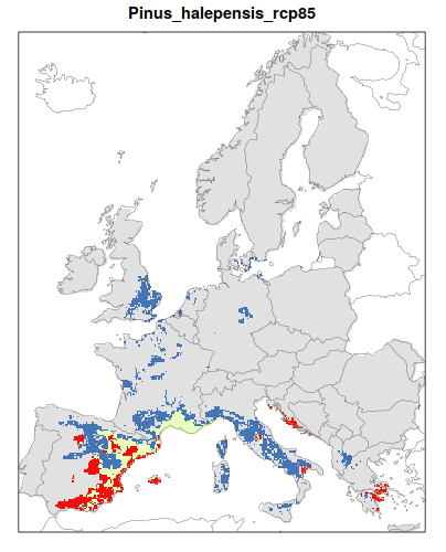 RCP 8.5 En verde las áreas de "presencia estable" que seguirán siendo un hábitat adecuado desde el presente hasta finales de siglo; en rojo las áreas "descolonizadas" que se volverán climáticamente inadecuadas para finales de siglo; en azul las áreas 'Adecuadas pero no ocupadas' que se volverán climáticamente adecuadas a finales del siglo pero que no serán colonizadas naturalmente debido a limitaciones de dispersión; en gris 'Siempre ausentes' donde la especie permanecerá ausente