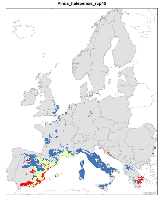 RCP 4.5 En verde las áreas de "presencia estable" que seguirán siendo un hábitat adecuado desde el presente hasta finales de siglo; en rojo las áreas "descolonizadas" que se volverán climáticamente inadecuadas para finales de siglo; en azul las áreas 'Adecuadas pero no ocupadas' que se volverán climáticamente adecuadas a finales del siglo pero que no serán colonizadas naturalmente debido a limitaciones de dispersión; en gris 'Siempre ausentes' donde la especie permanecerá ausente