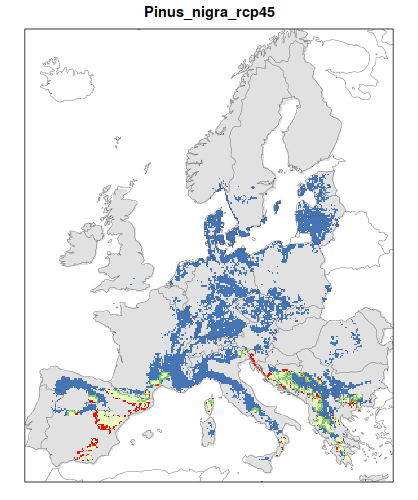 RCP 4.5 En verde las áreas de "presencia estable" que seguirán siendo un hábitat adecuado desde el presente hasta finales de siglo; en rojo las áreas "descolonizadas" que se volverán climáticamente inadecuadas para finales de siglo; en azul las áreas 'Adecuadas pero no ocupadas' que se volverán climáticamente adecuadas a finales del siglo pero que no serán colonizadas naturalmente debido a limitaciones de dispersión; en gris 'Siempre ausentes' donde la especie permanecerá ausente