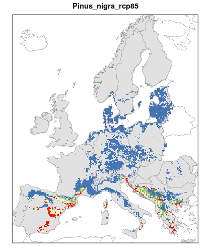 RCP 8.5 En verde las áreas de "presencia estable" que seguirán siendo un hábitat adecuado desde el presente hasta finales de siglo; en rojo las áreas "descolonizadas" que se volverán climáticamente inadecuadas para finales de siglo; en azul las áreas 'Adecuadas pero no ocupadas' que se volverán climáticamente adecuadas a finales del siglo pero que no serán colonizadas naturalmente debido a limitaciones de dispersión; en gris 'Siempre ausentes' donde la especie permanecerá ausente