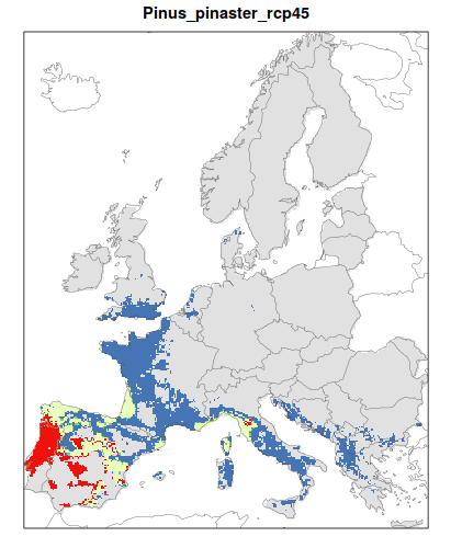RCP 4.5 En verde las áreas de "presencia estable" que seguirán siendo un hábitat adecuado desde el presente hasta finales de siglo; en rojo las áreas "descolonizadas" que se volverán climáticamente inadecuadas para finales de siglo; en azul las áreas 'Adecuadas pero no ocupadas' que se volverán climáticamente adecuadas a finales del siglo pero que no serán colonizadas naturalmente debido a limitaciones de dispersión; en gris 'Siempre ausentes' donde la especie permanecerá ausente