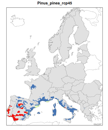 RCP 4.5 En verde las áreas de "presencia estable" que seguirán siendo un hábitat adecuado desde el presente hasta finales de siglo; en rojo las áreas "descolonizadas" que se volverán climáticamente inadecuadas para finales de siglo; en azul las áreas 'Adecuadas pero no ocupadas' que se volverán climáticamente adecuadas a finales del siglo pero que no serán colonizadas naturalmente debido a limitaciones de dispersión; en gris 'Siempre ausentes' donde la especie permanecerá ausente
