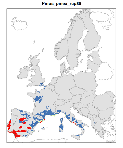 RCP 8.5 En verde las áreas de "presencia estable" que seguirán siendo un hábitat adecuado desde el presente hasta finales de siglo; en rojo las áreas "descolonizadas" que se volverán climáticamente inadecuadas para finales de siglo; en azul las áreas 'Adecuadas pero no ocupadas' que se volverán climáticamente adecuadas a finales del siglo pero que no serán colonizadas naturalmente debido a limitaciones de dispersión; en gris 'Siempre ausentes' donde la especie permanecerá ausente