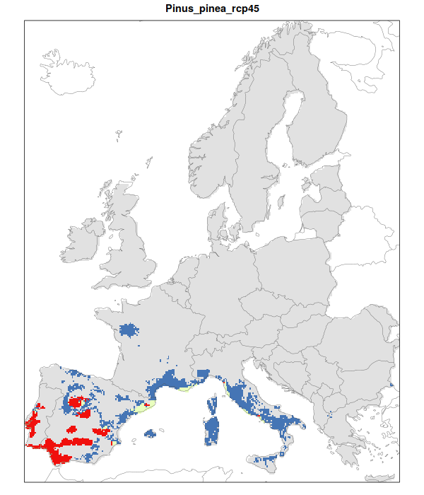 RCP 4.5 En verde las áreas de "presencia estable" que seguirán siendo un hábitat adecuado desde el presente hasta finales de siglo; en rojo las áreas "descolonizadas" que se volverán climáticamente inadecuadas para finales de siglo; en azul las áreas 'Adecuadas pero no ocupadas' que se volverán climáticamente adecuadas a finales del siglo pero que no serán colonizadas naturalmente debido a limitaciones de dispersión; en gris 'Siempre ausentes' donde la especie permanecerá ausente