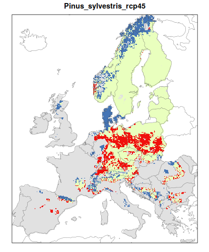 RCP 4.5 En verde las áreas de "presencia estable" que seguirán siendo un hábitat adecuado desde el presente hasta finales de siglo; en rojo las áreas "descolonizadas" que se volverán climáticamente inadecuadas para finales de siglo; en azul las áreas 'Adecuadas pero no ocupadas' que se volverán climáticamente adecuadas a finales del siglo pero que no serán colonizadas naturalmente debido a limitaciones de dispersión; en gris 'Siempre ausentes' donde la especie permanecerá ausente