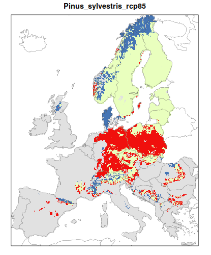 RCP 8.5 En verde las áreas de "presencia estable" que seguirán siendo un hábitat adecuado desde el presente hasta finales de siglo; en rojo las áreas "descolonizadas" que se volverán climáticamente inadecuadas para finales de siglo; en azul las áreas 'Adecuadas pero no ocupadas' que se volverán climáticamente adecuadas a finales del siglo pero que no serán colonizadas naturalmente debido a limitaciones de dispersión; en gris 'Siempre ausentes' donde la especie permanecerá ausente