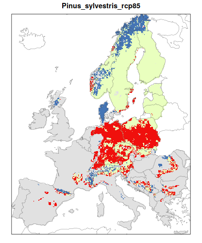 RCP 4.5 En verde las áreas de "presencia estable" que seguirán siendo un hábitat adecuado desde el presente hasta finales de siglo; en rojo las áreas "descolonizadas" que se volverán climáticamente inadecuadas para finales de siglo; en azul las áreas 'Adecuadas pero no ocupadas' que se volverán climáticamente adecuadas a finales del siglo pero que no serán colonizadas naturalmente debido a limitaciones de dispersión; en gris 'Siempre ausentes' donde la especie permanecerá ausente