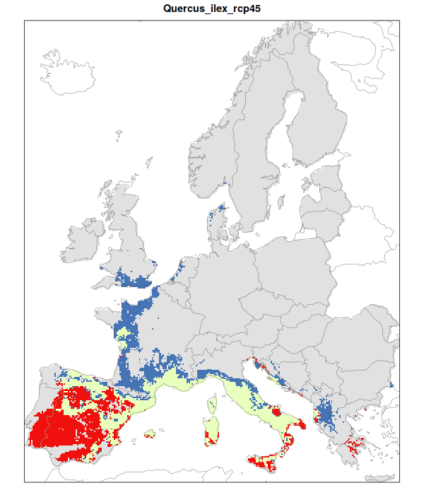 RCP 4.5 En verde las áreas de "presencia estable" que seguirán siendo un hábitat adecuado desde el presente hasta finales de siglo; en rojo las áreas "descolonizadas" que se volverán climáticamente inadecuadas para finales de siglo; en azul las áreas 'Adecuadas pero no ocupadas' que se volverán climáticamente adecuadas a finales del siglo pero que no serán colonizadas naturalmente debido a limitaciones de dispersión; en gris 'Siempre ausentes' donde la especie permanecerá ausente