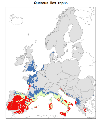 RCP 4.5 En verde las áreas de "presencia estable" que seguirán siendo un hábitat adecuado desde el presente hasta finales de siglo; en rojo las áreas "descolonizadas" que se volverán climáticamente inadecuadas para finales de siglo; en azul las áreas 'Adecuadas pero no ocupadas' que se volverán climáticamente adecuadas a finales del siglo pero que no serán colonizadas naturalmente debido a limitaciones de dispersión; en gris 'Siempre ausentes' donde la especie permanecerá ausente