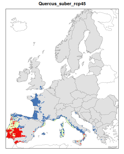 RCP 4.5 En verde las áreas de "presencia estable" que seguirán siendo un hábitat adecuado desde el presente hasta finales de siglo; en rojo las áreas "descolonizadas" que se volverán climáticamente inadecuadas para finales de siglo; en azul las áreas 'Adecuadas pero no ocupadas' que se volverán climáticamente adecuadas a finales del siglo pero que no serán colonizadas naturalmente debido a limitaciones de dispersión; en gris 'Siempre ausentes' donde la especie permanecerá ausente
