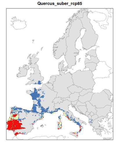 RCP 8.5 En verde las áreas de "presencia estable" que seguirán siendo un hábitat adecuado desde el presente hasta finales de siglo; en rojo las áreas "descolonizadas" que se volverán climáticamente inadecuadas para finales de siglo; en azul las áreas 'Adecuadas pero no ocupadas' que se volverán climáticamente adecuadas a finales del siglo pero que no serán colonizadas naturalmente debido a limitaciones de dispersión; en gris 'Siempre ausentes' donde la especie permanecerá ausente