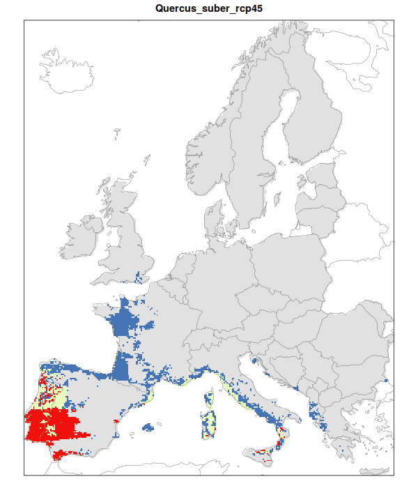 RCP 4.5 En verde las áreas de "presencia estable" que seguirán siendo un hábitat adecuado desde el presente hasta finales de siglo; en rojo las áreas "descolonizadas" que se volverán climáticamente inadecuadas para finales de siglo; en azul las áreas 'Adecuadas pero no ocupadas' que se volverán climáticamente adecuadas a finales del siglo pero que no serán colonizadas naturalmente debido a limitaciones de dispersión; en gris 'Siempre ausentes' donde la especie permanecerá ausente