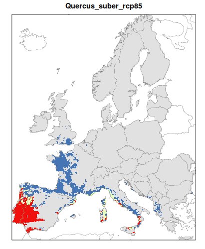 RCP 4.5 En verde las áreas de "presencia estable" que seguirán siendo un hábitat adecuado desde el presente hasta finales de siglo; en rojo las áreas "descolonizadas" que se volverán climáticamente inadecuadas para finales de siglo; en azul las áreas 'Adecuadas pero no ocupadas' que se volverán climáticamente adecuadas a finales del siglo pero que no serán colonizadas naturalmente debido a limitaciones de dispersión; en gris 'Siempre ausentes' donde la especie permanecerá ausente